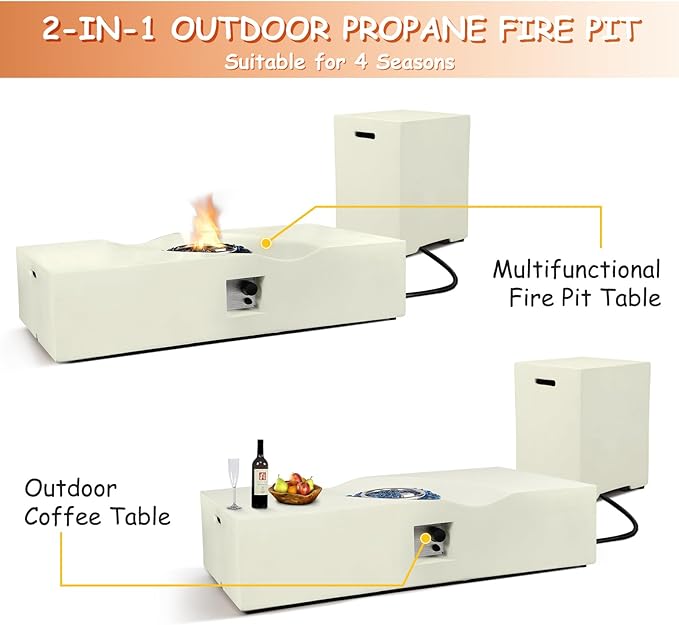 Rectangular Propane Fire Pit,56 Inch Outdoor Fire Pit Table Set w Tank Cover,2-Piece 50,000 BTU Gas Firepits w Glass Stones,Gas Fireplace for Outside Patio & Deck
