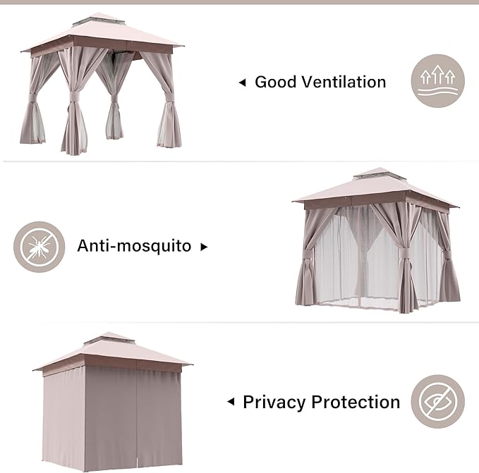 LAUSAINT HOME Outdoor Patio Gazebo 8'x8' with Expansion Bolts, Heavy Duty Party Tent & Shelter with Double Roofs, Mosquito Nettings and Privacy Screens for Backyard (Khaki)