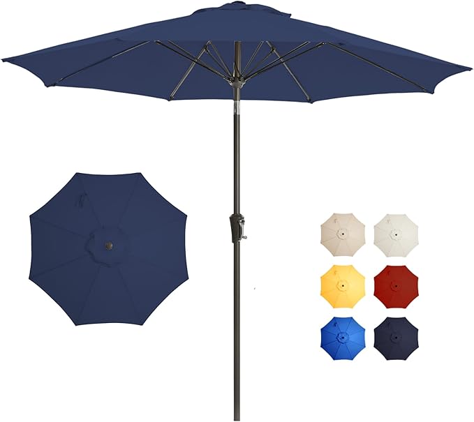 9FT Large Outdoor Patio Umbrella Market Table Umbrella-UV Resistant, Easy Push Button Tilt and Crank, 8 Sturdy Ribs Heavy-Duty Pool Umbrella for Deck, Backyard,Garden,Navy