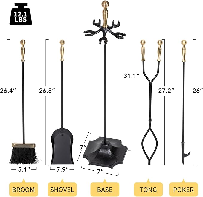 nalone 5 Pieces Fireplace Tools Set, Brass Handles Wrought Iron Fireplace Accessories Set with Poker, Tong, Shovel, Brush, Fire Place Tools Indoor Outdoor (Antique Bronze)