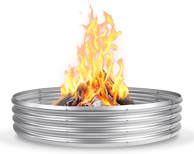 48 Inch Fire Pit Ring for Outside, 4FT Diameter Wood Burning Fire Ring, Large Round Galvanized Steel Fire Pit, Metal Outdoor Fireplace for Backyard, Patio, Camping, Bonfire (Silver)