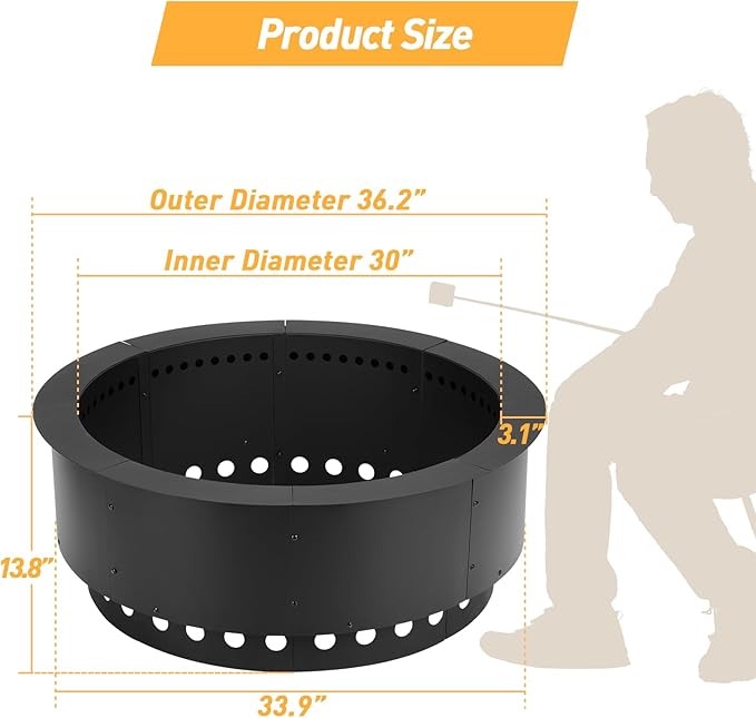 Aoodor 36 Inch Outer Round Smokeless Fire Pit Ring, 30 Inch Inner Double Layer Heavy Duty Metal Fire Pit Insert Liner for Backyard Bonfire Outside Picnic BBQ, Black