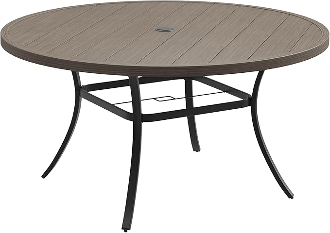 DIFY Patio Round Dining Table, 53" All Weather Round Outdoor Table with 1.57" Umbrella Hole for 8 Person, Perfect for Yard, Balcony and Lawn, Grey Wood-Like