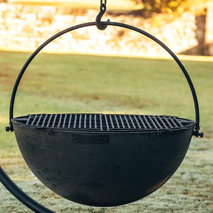 Ash & Ember 42" Cast Iron Cauldron Fire Pit Bowl with Double Hinged Grill Grate-Easy-Lift Handles & Handing Chain, Round Wood Burning Patio Fire Bowl for Backyard Patios