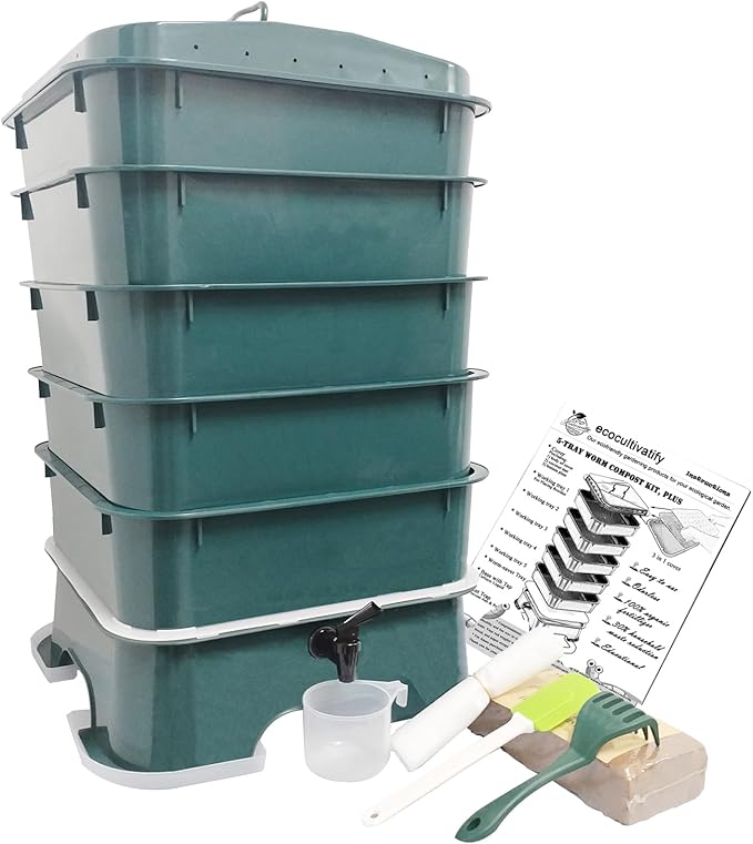 5-Tray Worm Compost Bin, Worm Composter for Outdoor & Indoor, 5-Tray ecocultivatify Wormie's Home Plus, Worm Bin Set for Recycling Household Waste (Dark Green)