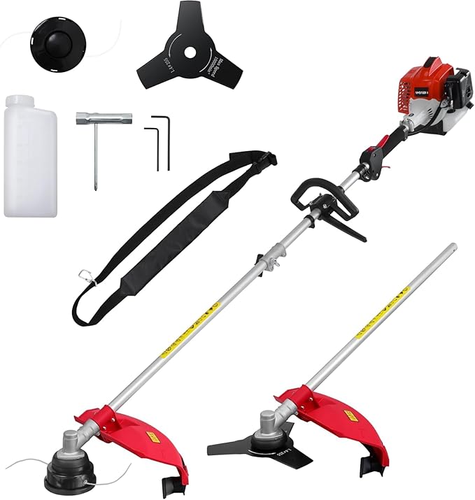 2-in-1 Gas Brush Cutter & String Trimmer, 26cc 2-Cycle Weed Wacker with 16" Cutting Path & 10" Metal Blade, Gas Powered Grass Trimmer for Thick Brush, Overgrown Weeds & Lawn Maintenance