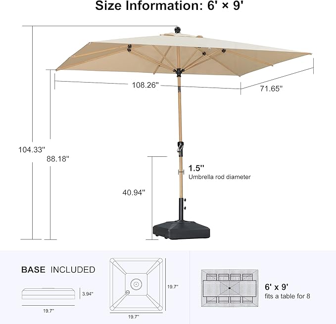 PURPLE LEAF 6' x 9' Patio Umbrella with Base Market Umbrella Rectangular Outdoor Umbrella with Push Button Tilt & Crank and 8 Ribs Aluminum Table Umbrella for Pool Backyard Beach, Beige