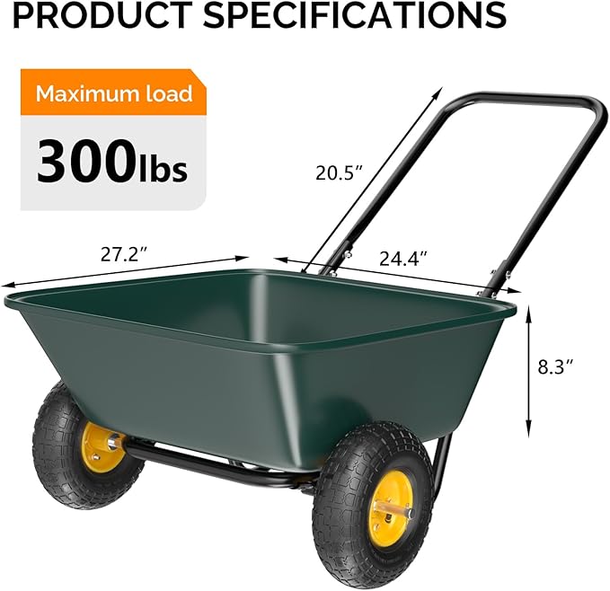 VINGLI 2 Wheel Wheelbarrow, Plastic and Steel Wheel Barrel, 300lbs Capacity Garden Cart for Lawn, Gardening, Construction