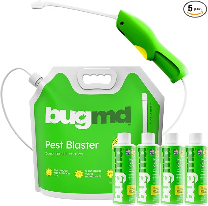 BugMD Pest Blaster Kit - Rechargeable Power Sprayer (Batteries Included), 4-Pack Pest Control Essential Oil Concentrates for Indoor & Outdoor Use - Plant-Powered Ant, Roach, Spider & Insect Killer