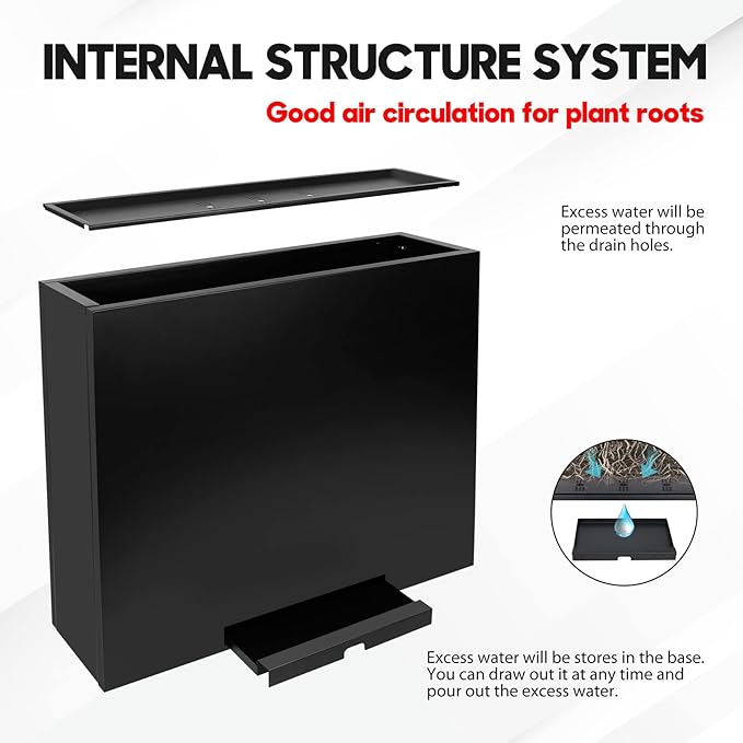 KOL 32" H Metal Steel Rectangular Planter Box Planters for Indoor Outdoor, Tall Heavy Duty Modern Flower Plant Pot with Water Collecting Tray, Black, Commercial Residential (36" L.x11 W.x32 H.)