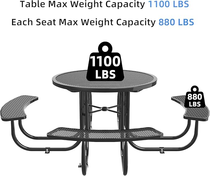 dafrigic 46" Round All Weather Resistant Commercial Picnic Table for Outdoors, Heavy Duty Picnic Table up to 4600 lbs with Umbrella Hole for School, Warehouse, Coffee Shop, Black