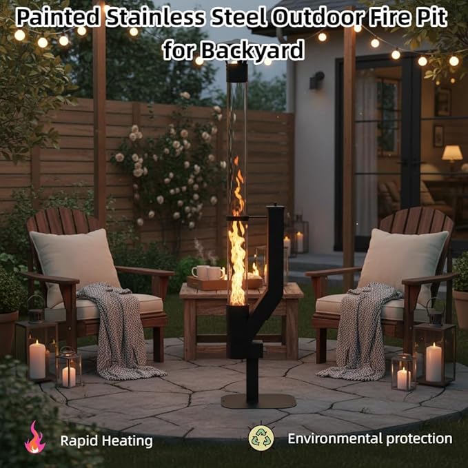 Outdoor Wood Pellet Patio Heater for Outdoor, Stainless Steel Fire Pit with Rain Cap, 2-Hour Burn Time for Backyard, Deck, Camping, Matte Black