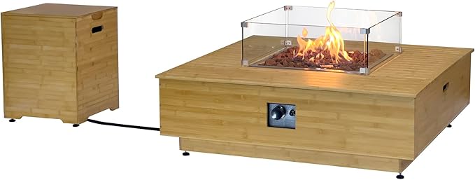 43" Gas Fire Pit Table with Propane Tank Cover Table Wood Grain Design Square Includes Lava Rocks and Weatherproof Cover for Outdoor Patios Parties Garden 50,000 BTUs CSA Certified
