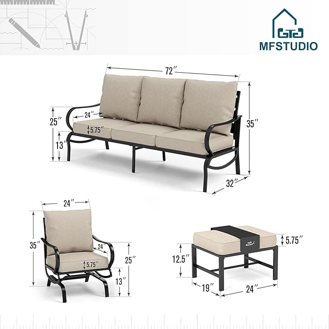 MFSTUDIO 5 Pieces Patio Conversation Sets,Outdoor Metal Furniture Sofas with 1 x 3-Seat Sofa, 2 x Rocking Chairs,2 x Ottoman,Wrought Iron Frame with Beige Cushion for Patio Courtyard Balcony