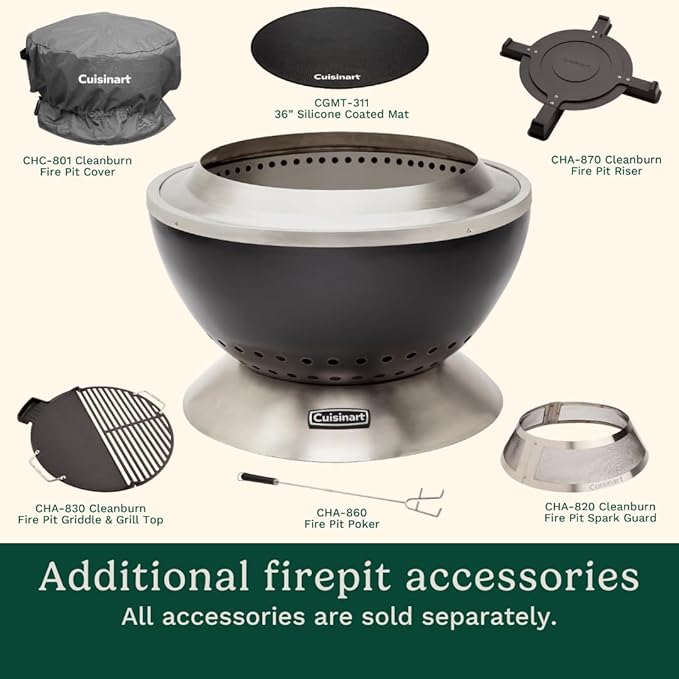 Cuisinart 24” Cleanburn Smokeless Fire Pit with Removable Base for Ash, Portable Wood Burning Outdoor Fireplace, Stainless Steel Smoke Free Outdoor Heater, Enhanced Airflow and Easy Cleanup