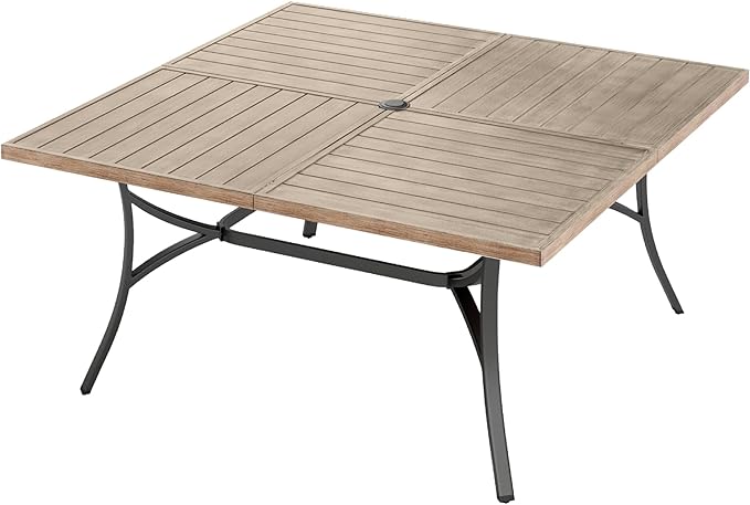 MFSTUDIO 60" Square Metal Outdoor Dining Table, Large Patio Furniture 8 Person Table with 1.57" Umbrella Hole for Deck,Backyard,Lawn,Garden(Brown)