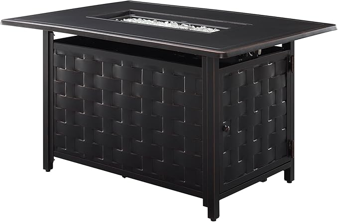 Fire Sense 63700 Preston Basketweave Aluminum Convertible Gas Fire Pit Table 45,000 BTU Multifunctional Outdoor Firepit with Fire Bowl Lid Nylon Cover Clear Fire Glass Bronze Finish - Rectangular 44"