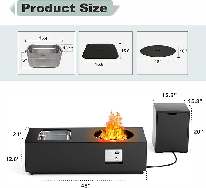 Dineli 2-Piece Outdoor Propane Fire Pit Table Set w Tank Table 48'' Rectangular Firepit w Ice Bucket Gas Fire Pits for Outside Patio Tabletop Fire Pits, 50,000 BTU, Black