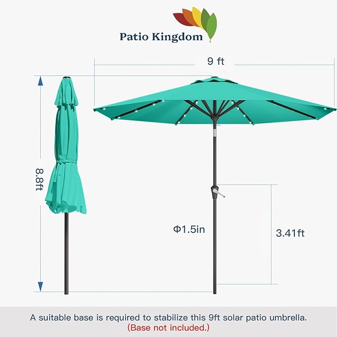 9FT Solar Umbrella 32 LED Lighted Patio Umbrella Table Market Umbrella w/Tilt and Crank, UV-Resistant Outdoor Umbrella for Pool, Garden, Deck, Turquoise Blue