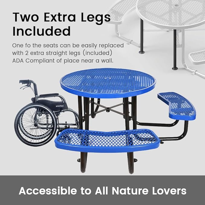 KUFUH 46" Round Metal Picnic Table for 4-8 Person, Durable Heavy Duty Commercial Picnic Table with Umbrella Hole for Outdoor Coffee Shop, School, Hospital, Easy to Install, Blue