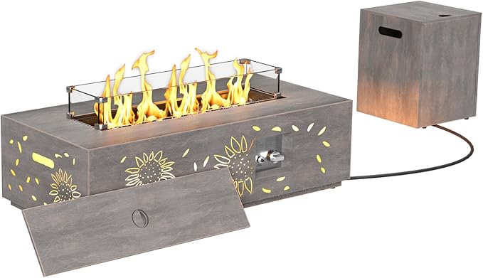 Dineli 2-Piece Outdoor Propane Fire Pit Table Set w Tank Table 42'' Rectangular Gas Fire Pits for Outside Patio Fire Table w LED, 50,000 BTU (Gray, Sunflower Pattern with Warmlight)
