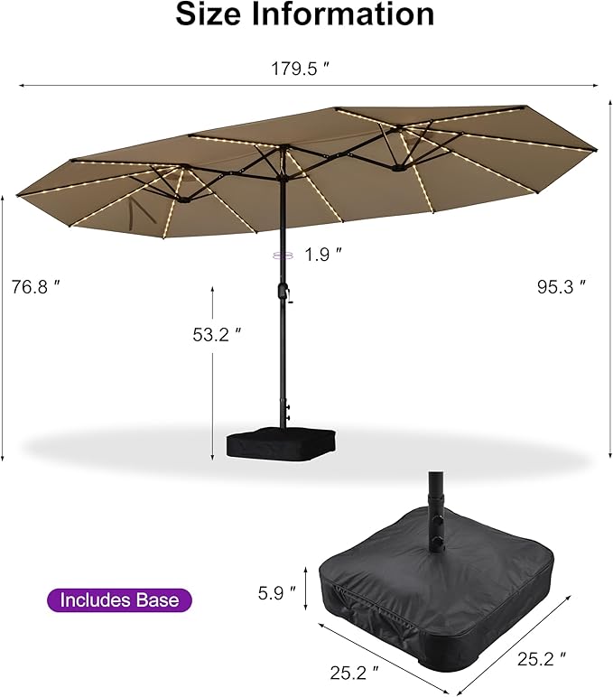 PURPLE LEAF 15ft Patio Market Umbrella with Solar LED and Base Double-Sided Rectangle Outdoor Table Sun Umbrellas with Crank for Pool Beach Deck Backyard Khaki