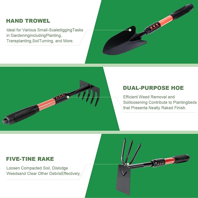 Garden Tool Set, 4 Pack Gardening Tools, Stainless Steel Heavy Duty Hand Cultivator, Hoes, Shovel, for Planting Weeding Digging, Gardening Gifts for Women, Red