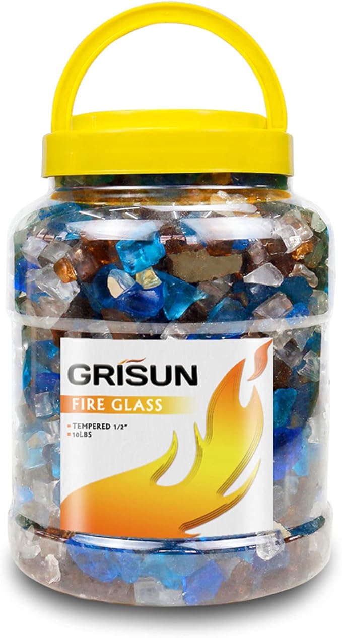 GRISUN Fire Glass Blended for Fire Pit, 1/2 Inch 10 Pounds High Luster Reflective Tempered Glass Rocks for Natural or Propane Fireplace, Safe for Outdoors and Indoors Fire Pit, Copper, Blue, White