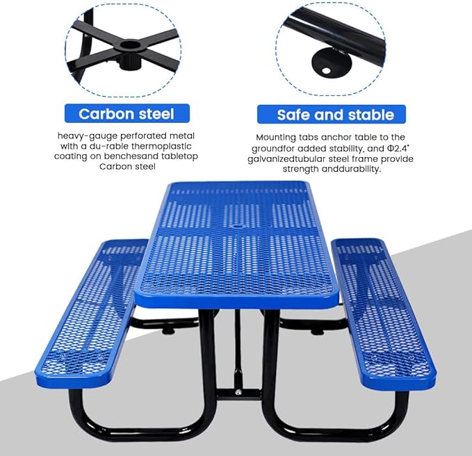 KUFUH 72" Rectangular Metal Picnic Table for 4-8 Person, Durable Heavy Duty Commercial Picnic Table with Umbrella Hole for Outdoor Coffee Shop, School, Hospital, Easy to Install, Blue