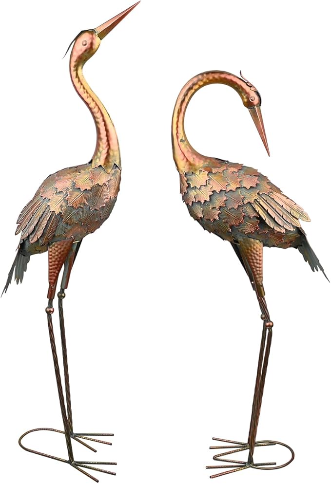 QNGCOLRCY 2pcs Crane Garden Statues, Metal Crane Outdoor, Blue Heron Sculpture Metal Yard Art, Large Garden Heron Lawn Ornaments for Backyard Pond Patio Porch Outside Decorations