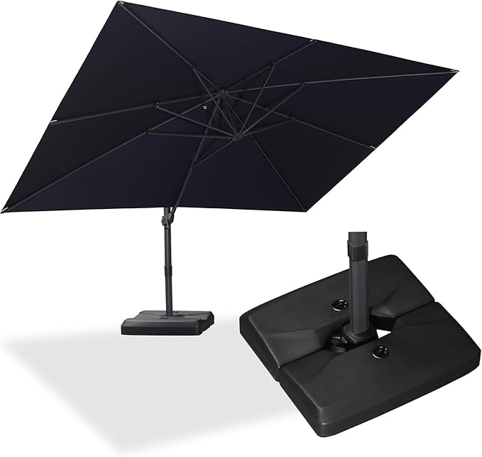 PURPLE LEAF 10' × 13' Patio Cantilever Umbrella with Base Outdoor Rectangle Adjustable Offset Umbrellas with 360-degree Rotation and 8 Heavy Duty Metal Ribs for Garden Deck Pool Navy Blue