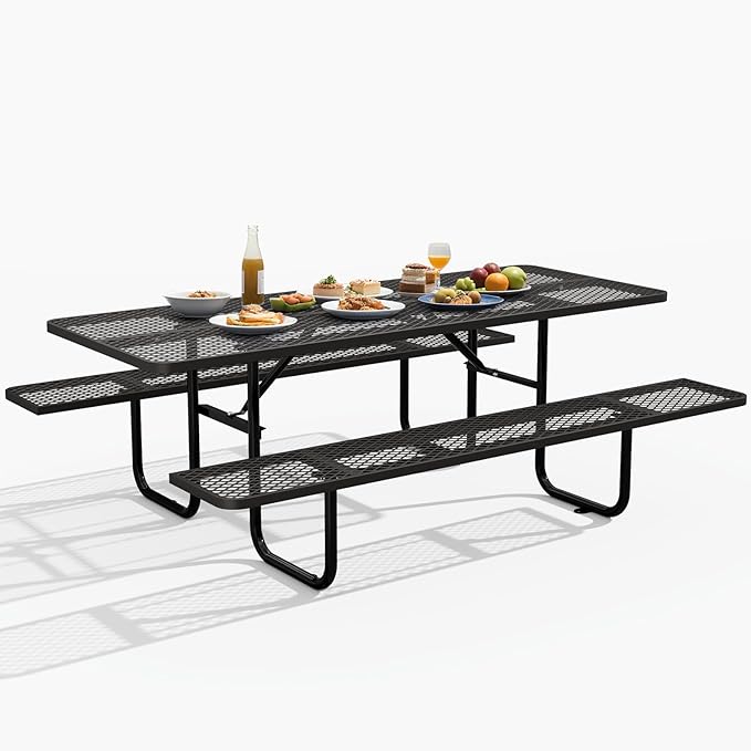 Rueekfil 72" Coated Picnic Table with Umbrella Hole, Heavy Duty Commercial Picnic Table for Outdoors, Family & Party Ready for School Camping, Rectangular, Black