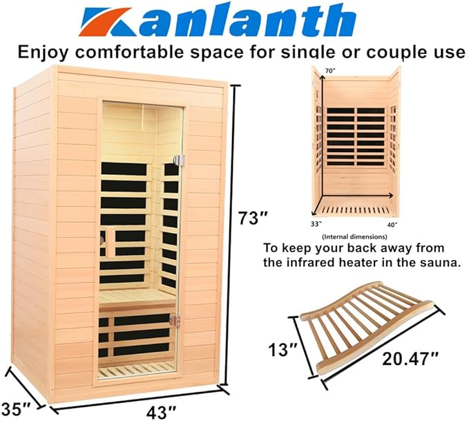 2 Person Infrared Sauna with Wood Backrest, 1500Watt Low EMF Far Infrared Sauna for Home Spa, Hemlock Indoor Personal Sauna with Blue-Tooth Speaker, 2 Reading Lights,1500W/120V/15A