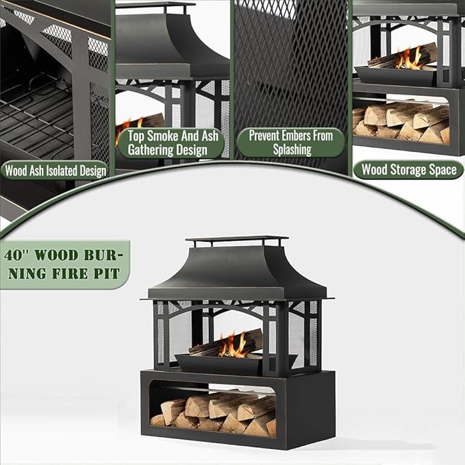 40" Wood Burning Fireplace, Outdoor Fireplace with Wood Storage and Removable Fire Grill, Steel Fire Pit, Woods Burning Chimney for Outside Patio Deck Garden Backyard (Black)