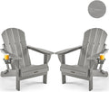 Ciokea Folding Adirondack Chair 2 Pack, Patio Adirondack Chair Weather Resistant, Plastic Fire Pit Chair with Cup Holder, Lawn Chair for Outdoor Porch Garden Backyard Deck (Grey)