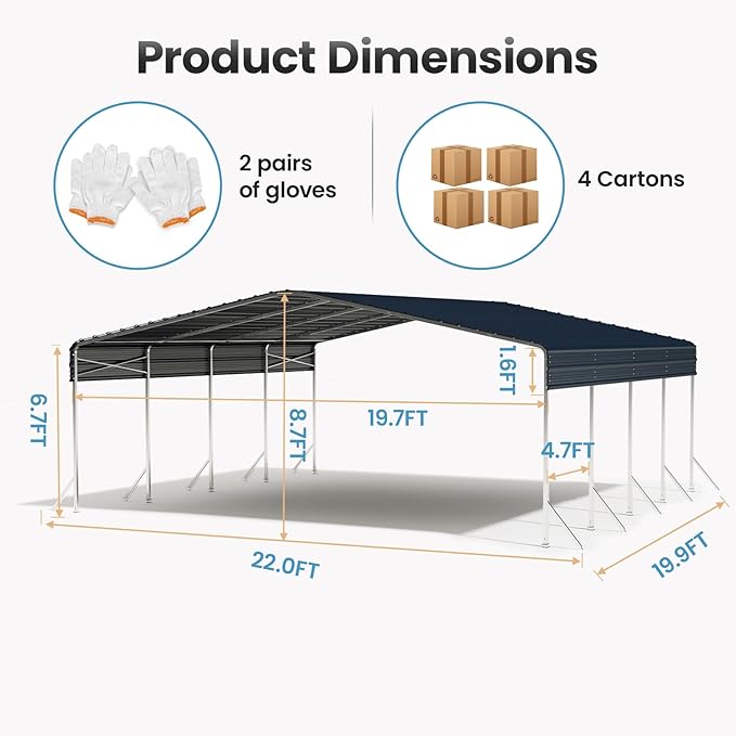 20x20 FT Heavy Duty Metal Carport Kit, All-Weather Shelter for Cars, Trucks & Outdoor Storage, Galvanized Steel Frame with Cover, Easy Assembly Garage Alternative