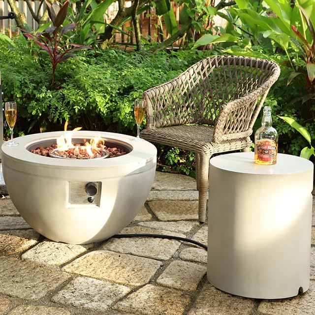 Round Propane Fire Pit,30 Inch Outdoor Fire Pit Table w Tank Cover,2-Piece 40,000 BTU Gas Concrete Firepit for Patio w Lava Rocks/Rain Cover,Fireplace for Backyard & Deck