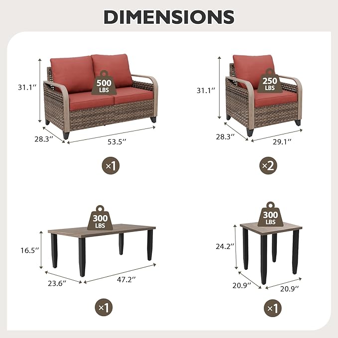 EAGLE PEAK Modern Wicker Outdoor Patio Furniture Set, Patio Conversation Set, 2 Chairs, 2-Seat Loveseat, Coffee Table and Side Table, 5 Pieces, Brown/Red