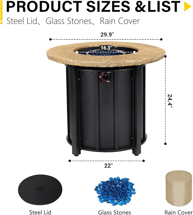 30 Inch Round Propane Fire Pit Table,50000 BTU Outdoor Gas Firepit with Automatic Ignition & Lid Cover,Iron Steel Firepit for Outside,Patio,Deck,Backyard w Glass Stones & Rain Cover