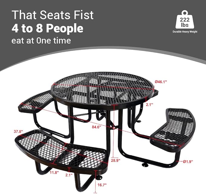 Rueekfil 46" Thermoplastic Picnic Table with Umbrella Hole up to 1.5", Heavy Duty Commercial Picnic Table for Outdoor, Family & Party Ready for School Camping, Round, Black