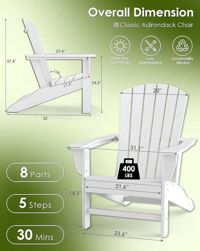 GREENVINES Adirondack Chairs Set of 2 | HDPE Plastic | Oversized Fire Pit Chair | All Weather | White | Poly Lumber | for Outdoor Deck Backyard Patio Garden