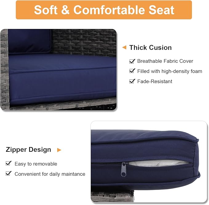 Super Patio 8 Pieces Outdoor Patio Furniture Set, Wicker Patio Conversation Sets with Storage Box, Rattan Outdoor Sectional Sofa Set with Cushions and Coffee Table for Outside Porch, Deck, Navy Blue