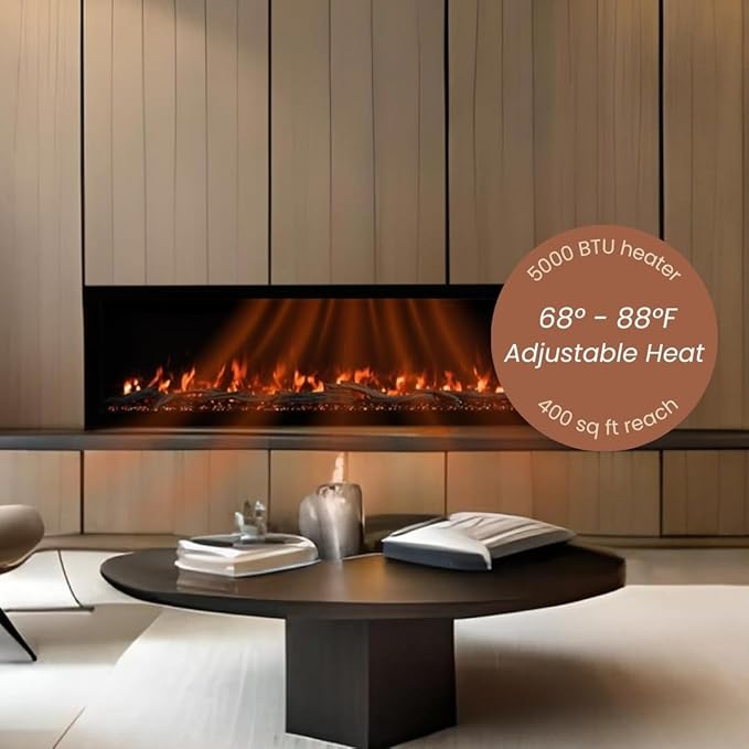 Modern Ember Highmark 84 Inch Smart Linear Electric Fireplace - Premium Flame with 10 Colors, Sleek Hidden Vent Design, Install Recessed in-Wall or Wall-Mount, WiFi Enabled.