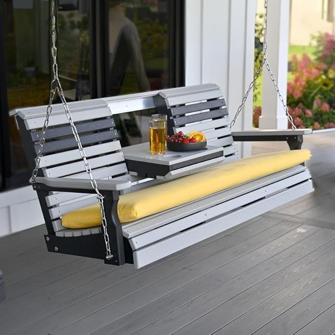 LuxCraft 5' Poly Rollback Plain Porch Swing with Flip Down Center Console, Made with Recycled Plastics - Made in USA (Chestnut Brown)