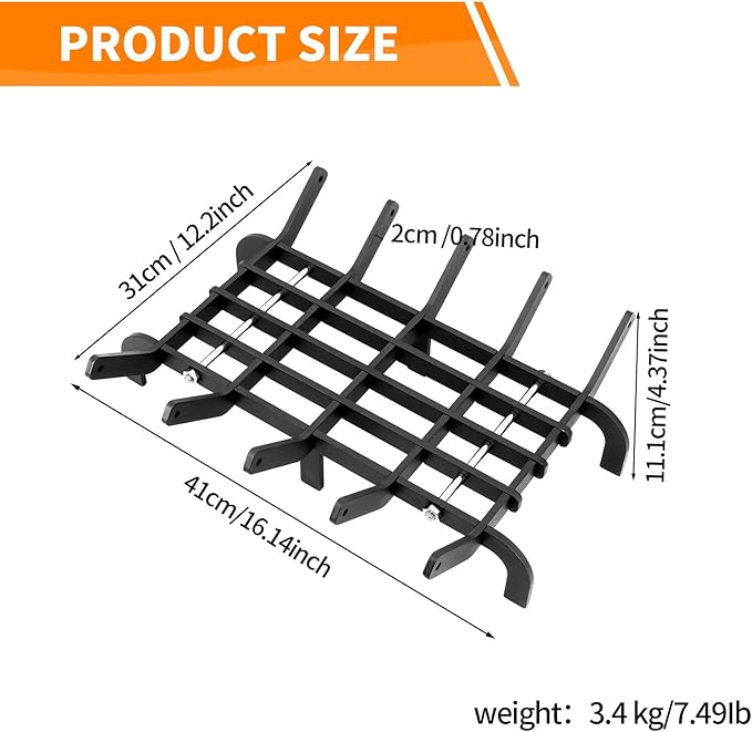 Fireplace Grates, 16 Inch Fireplace Grate Heavy Duty High Carbon Steel Fireplace Log Grate for Indoor Outdoor Firewood Stove Log Holder Rack Wood Burning Fireplace Accessories
