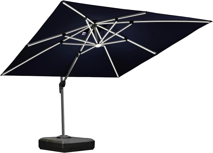PURPLE LEAF 10 Feet Double Top Deluxe Solar Powered LED Square Patio Umbrella Offset Hanging Umbrella Outdoor Market Umbrella Garden Umbrella, Navy Blue