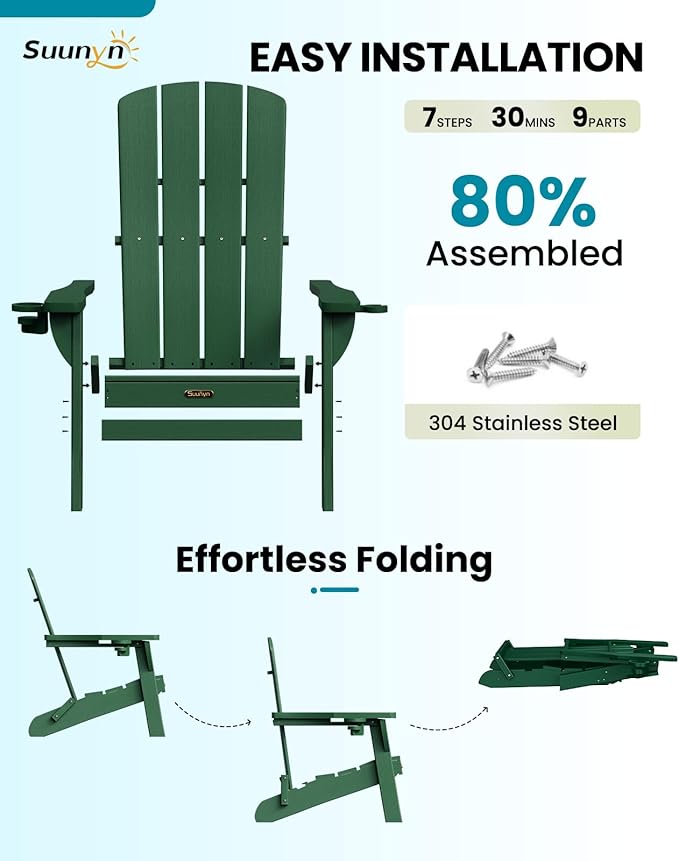 Folding Adirondack Chair 2 Pack, HDPE All-Weather Fire Pit Chairs, Plastic Adirondack Chairs with 2 Cup Holder, Outdoor Lawn Chair for Patio Garden (Green)