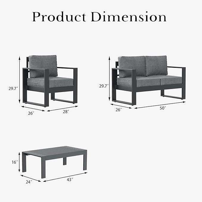 LayinSun 4 Pieces Aluminum Outdoor Patio Furniture Set, Metal Modern Conversation Sofa Set with Coffee Table and Washable Thick Cushions for Porch, Backyard, Deck