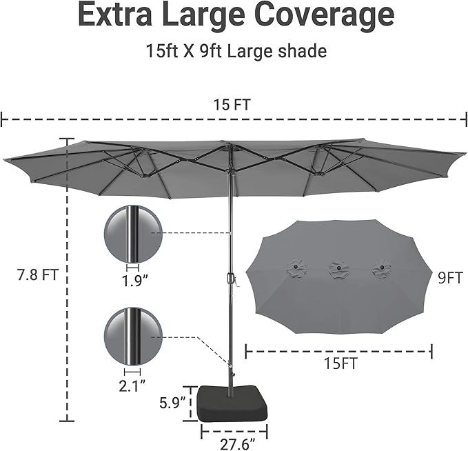 Bigroof 15ft x 9ft Patio Double-Sided Umbrella with Base & Crank, Extra Large Rectangular Outdoor Umbrella for Patio, Lawn & Garden, Beige