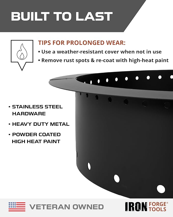 Iron Forge Tools Smokeless Firepit - 36 inch Outer/30 inch Inner Round Fire Ring Insert Liner - Heavy Duty Metal Permanent Outdoor Fire Pit Ring (36x30x10) Utility Patent Pending